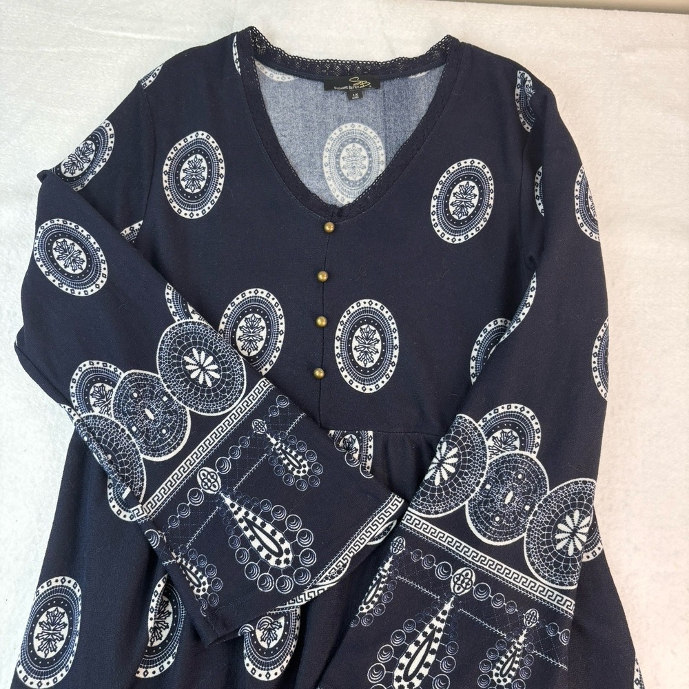Suzanne Betro‎ Dress 1X Navy Print Boho Feminine Flared Sleeve Stretch Soft Lace